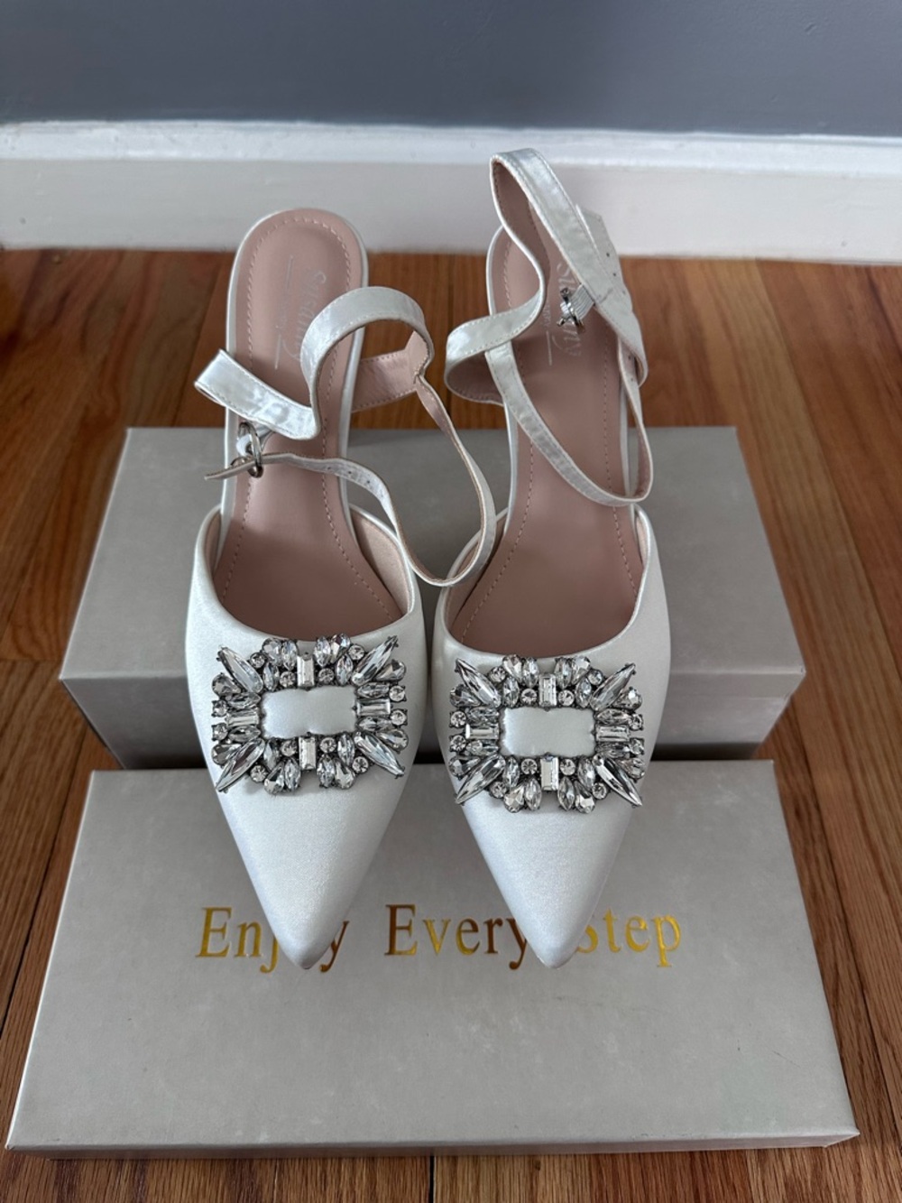 Embellished White Pointed Slingback Heels